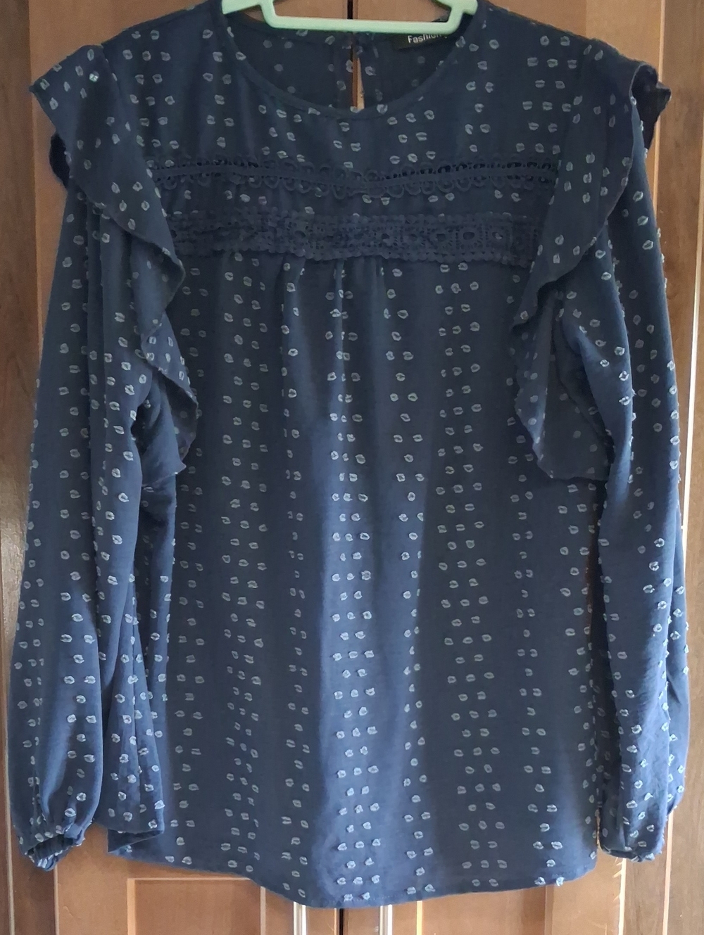 Woven Navy Ruffle Long-Sleeve Blouse